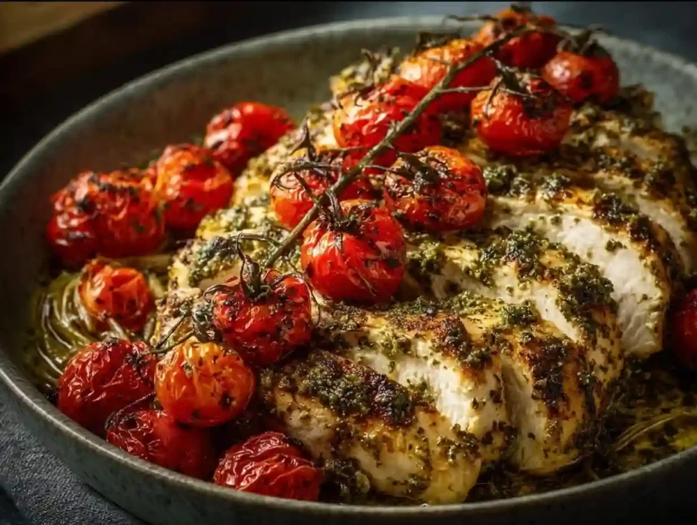 Creamy pesto chicken dish with roasted tomatoes on a plate