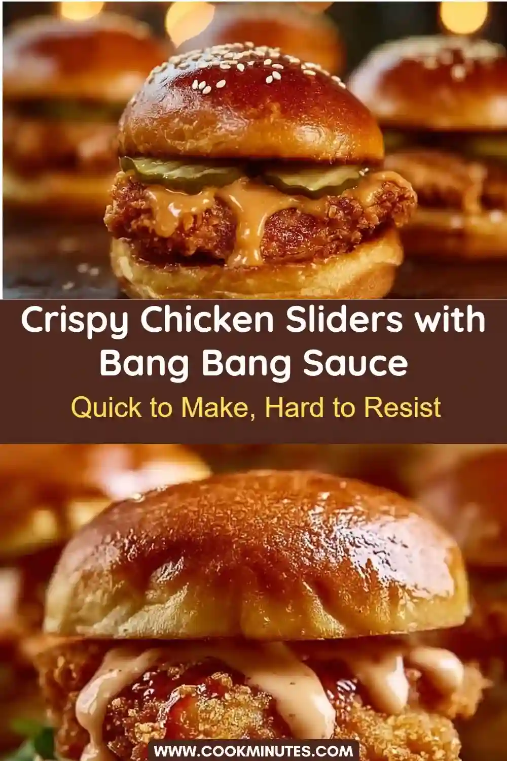 Crispy Chicken Sliders – Bold Flavor with Bang Bang Sauce Crispy chicken sliders topped with bang bang sauce, lettuce, and tomatoes on mini buns