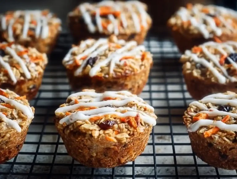 Carrot cake oatmeal cups topped with cream cheese frosting on a wooden table