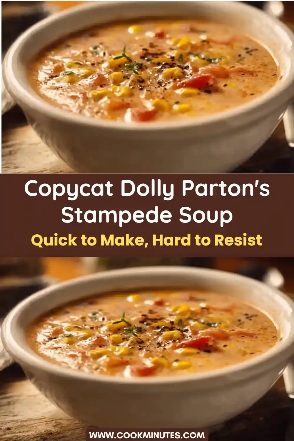 A bowl of Copycat Dolly Parton's Stampede Soup with mixed vegetables, topped with shredded chicken and creamy sauce.