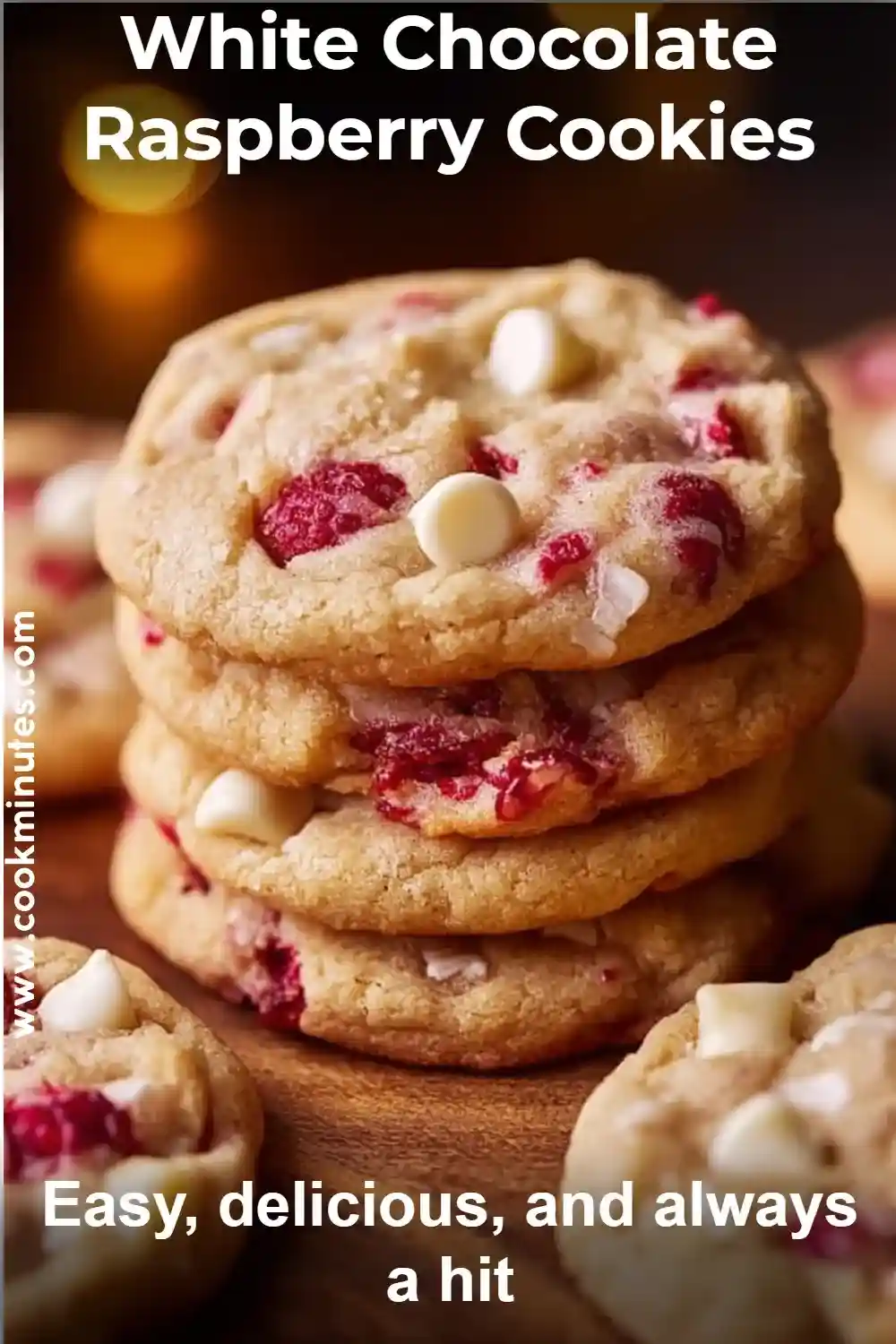 White chocolate raspberry cookies with golden edges and vibrant raspberry swirls on a cooling rack.