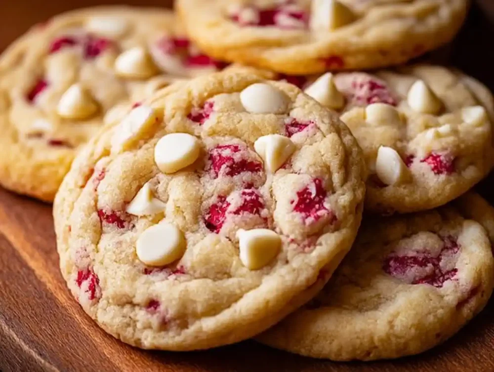 Freshly baked white chocolate raspberry cookies ready to enjoy