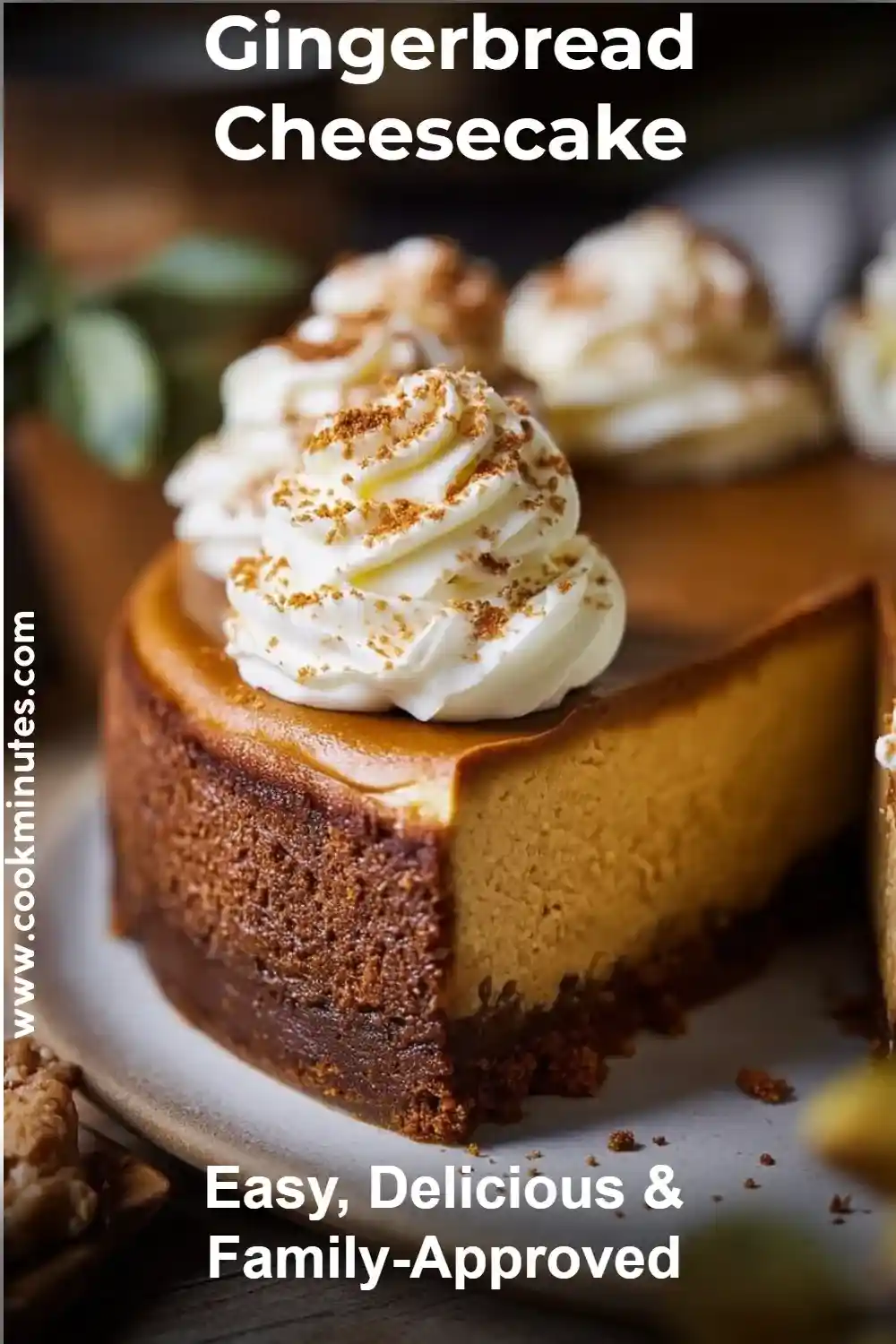 Gingerbread Cheesecake – A Creamy and Spiced Holiday Dessert Gingerbread cheesecake topped with whipped cream and cookie crumbles, ideal for festive holidays.
