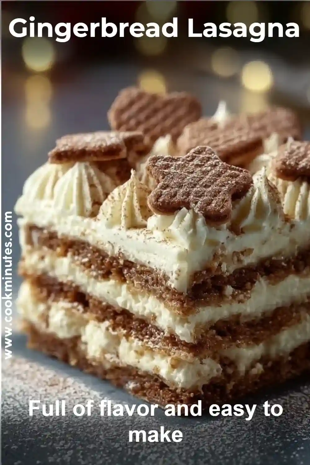 Layered gingerbread lasagna dessert topped with whipped cream and holiday cookie decorations.