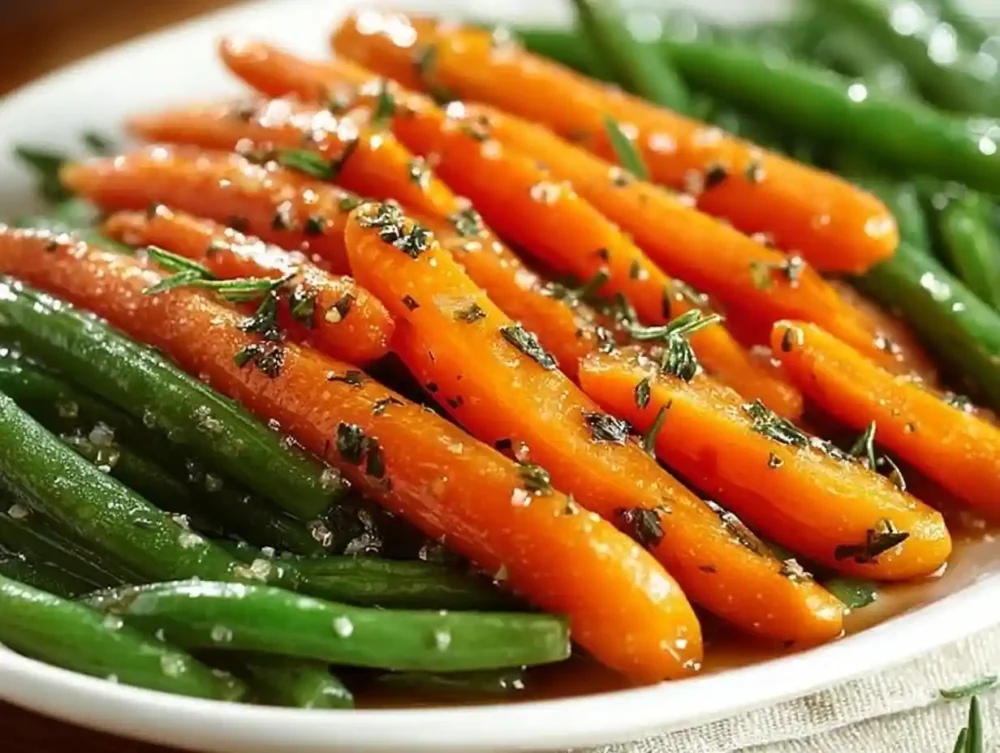 Delicious honey glazed carrots and green beans served on a plate.