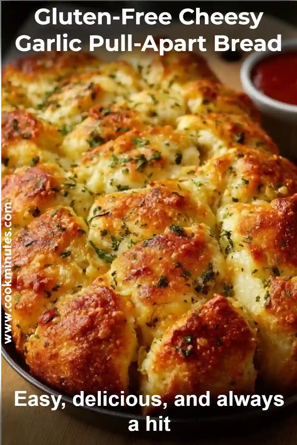 A golden-brown Gluten-Free Cheesy Garlic Pull-Apart Bread, freshly baked and oozing with gooey mozzarella cheese.