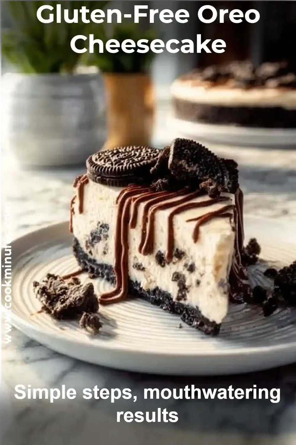 A stunning Gluten-Free Oreo Cheesecake topped with chocolate ganache and Oreos, perfect for any dessert table.