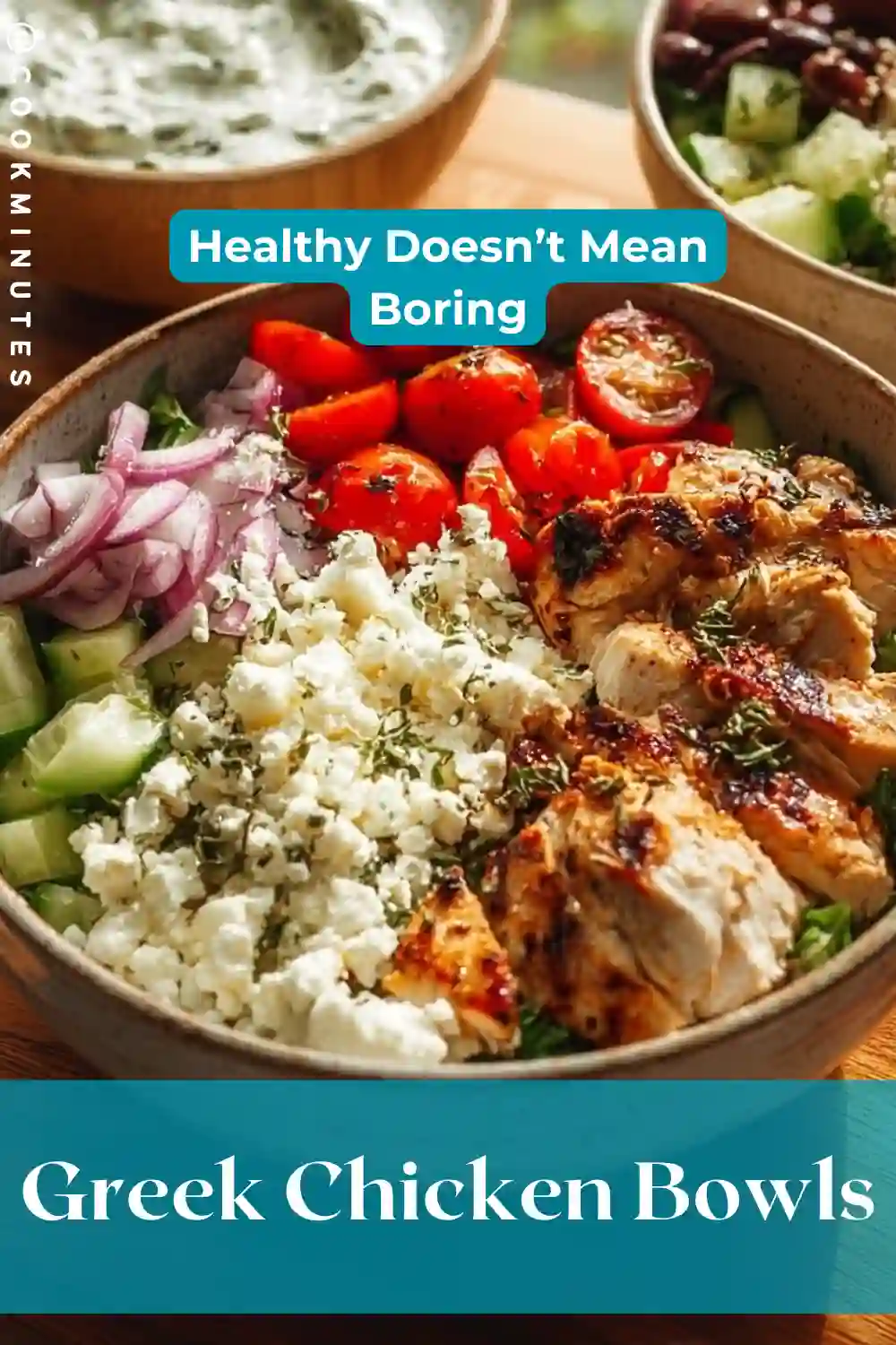 Greek Chicken Bowls with fresh ingredients, tzatziki, and grilled chicken.