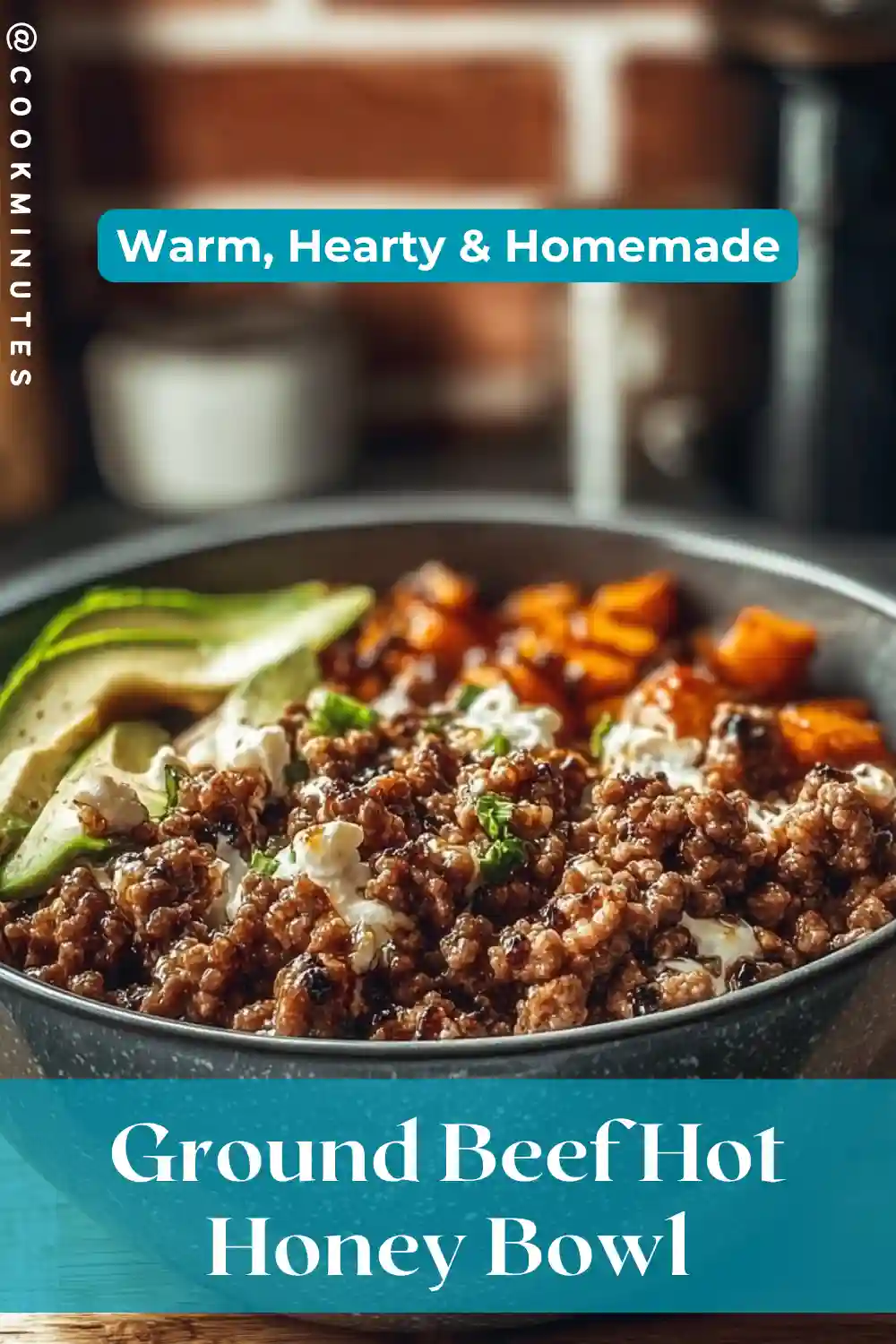 Delicious Ground Beef Hot Honey Bowl topped with avocado slices.