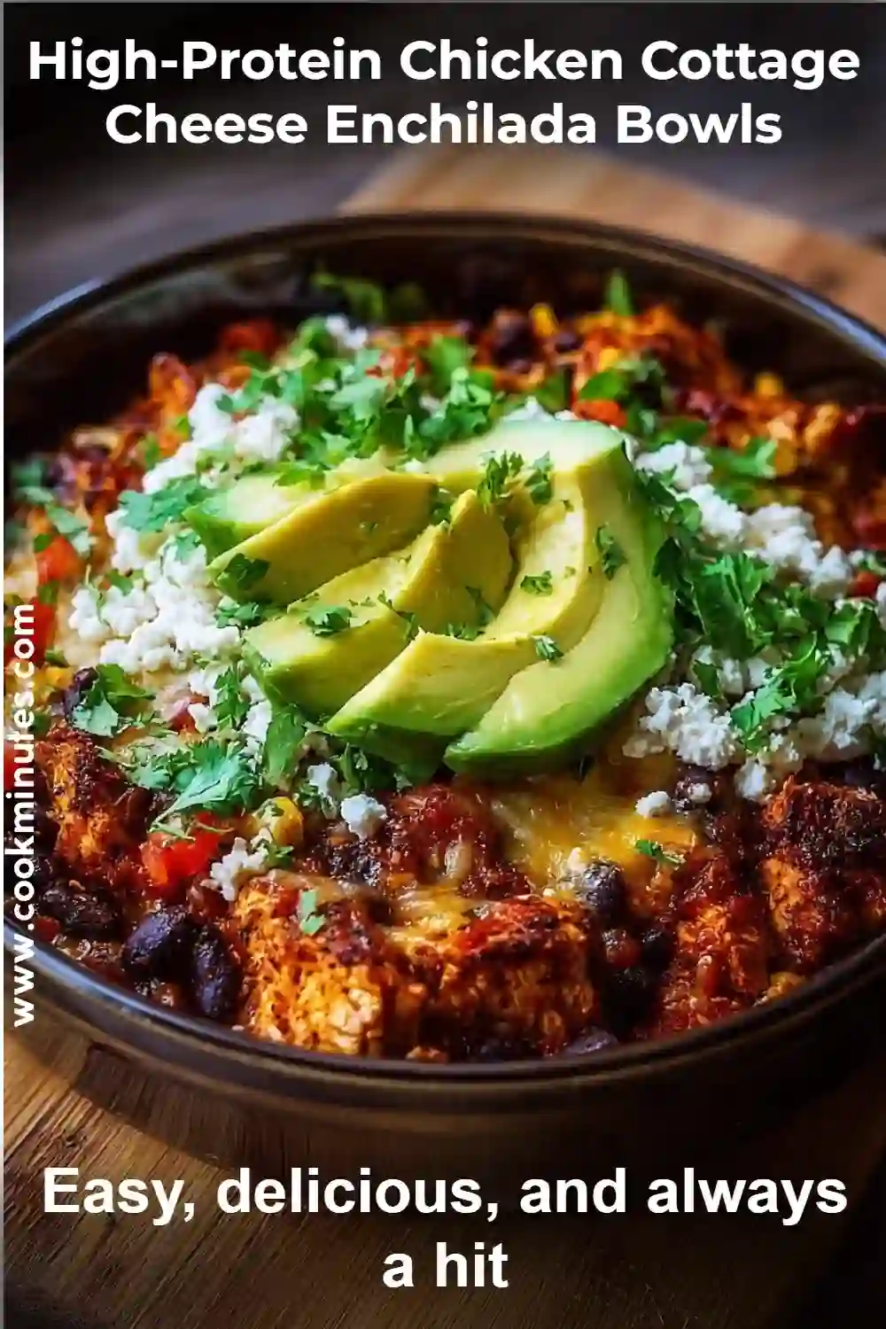 A delightful bowl of high-protein chicken cottage cheese enchilada featuring creamy goodness and vibrant veggies.