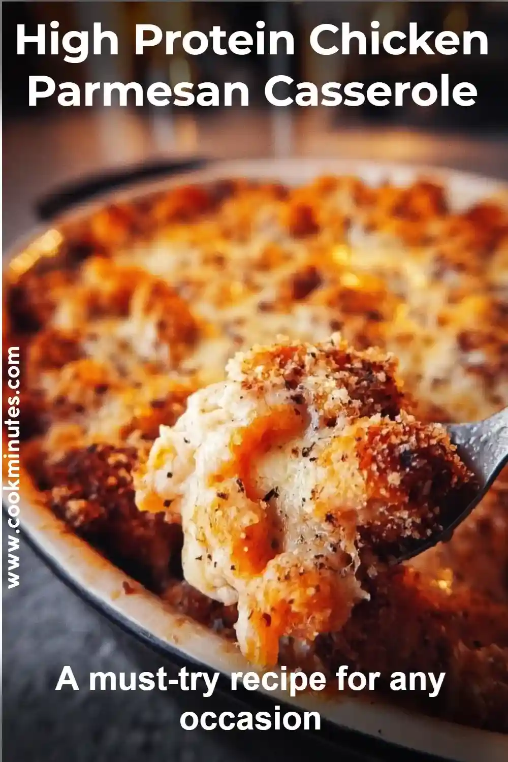 High Protein Chicken Parmesan Casserole: A Healthy Twist on a Classic Comfort Dish A vibrant serving of High Protein Chicken Parmesan Casserole topped with melted cheese and garnished with herbs.