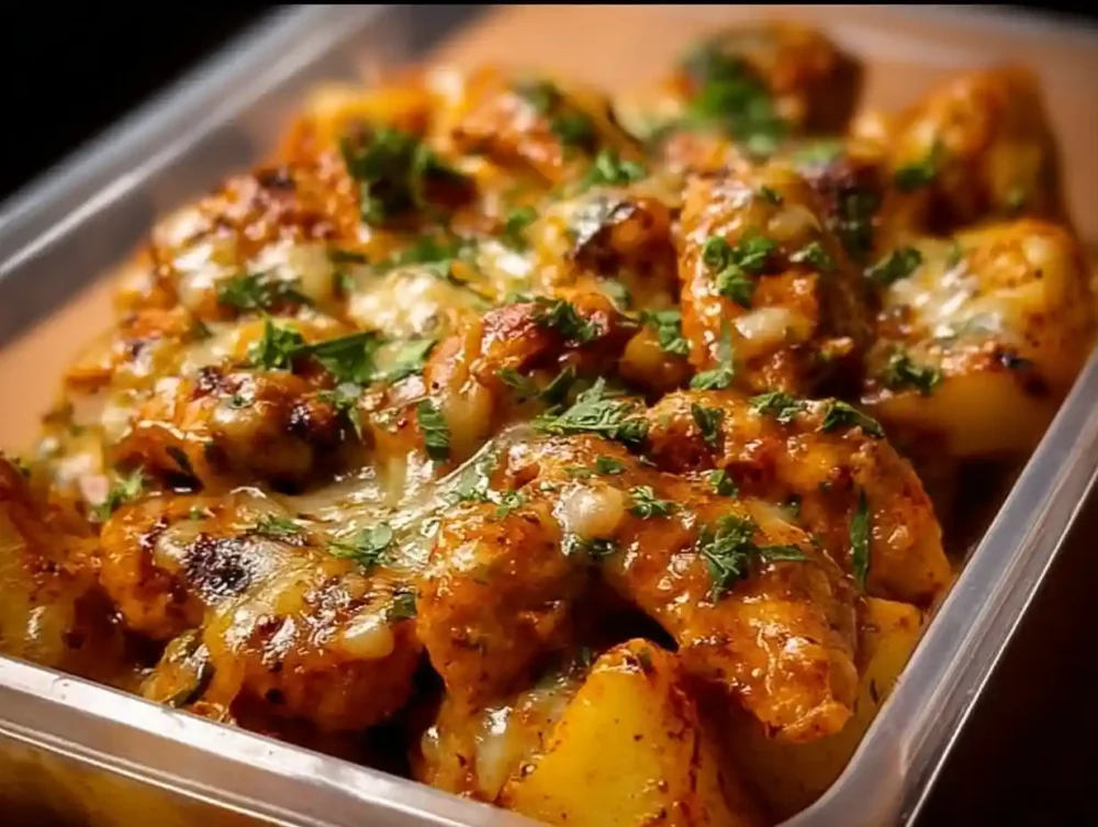High-protein creamy garlic cheesy chicken with potatoes dish