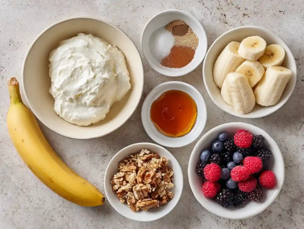 Ingredients for a cottage cheese banana bowl