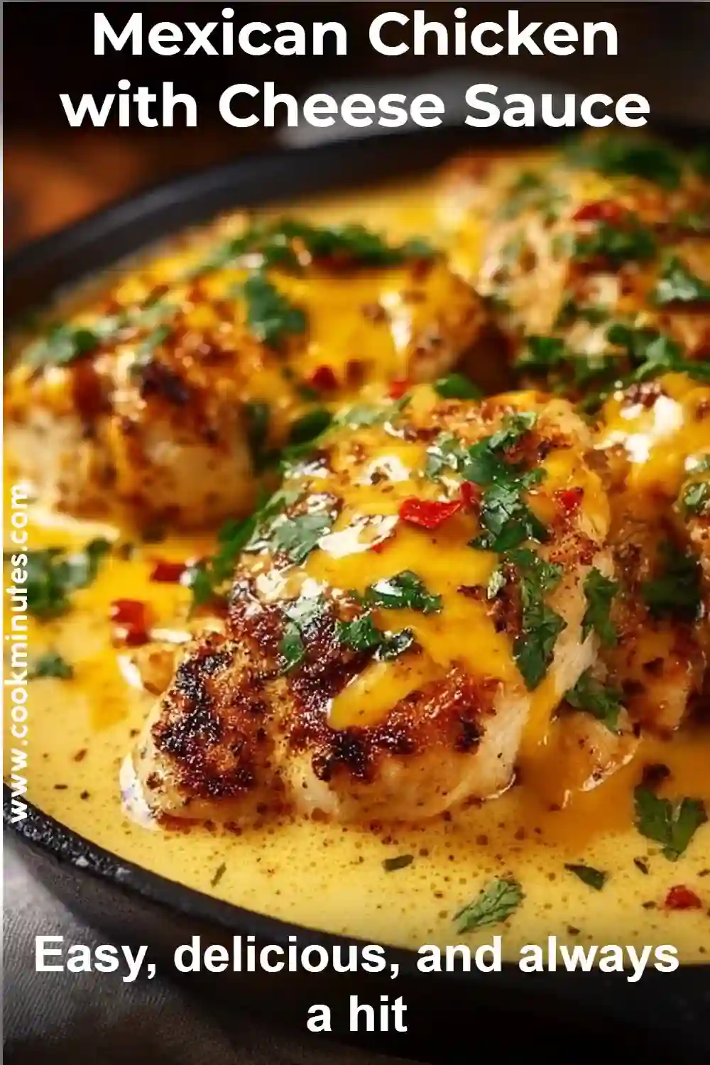 Mexican Chicken with Cheese Sauce - Easy Skillet Dinner Mexican chicken with cheese sauce topped with shredded cheddar and fresh cilantro on a white plate