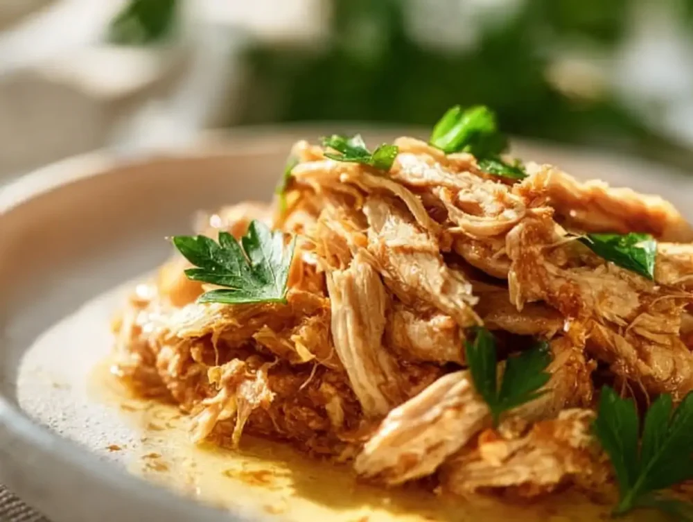 Slow Cooker Mississippi Chicken served on a plate with herbs and spices