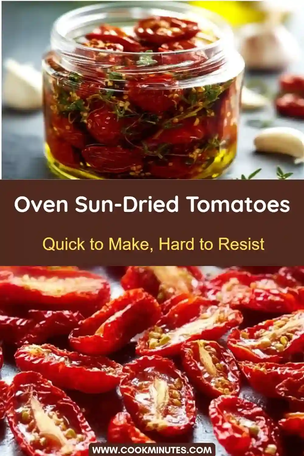 Oven Sun-Dried Tomatoes in olive oil with herbs and garlic in a glass jar on the counter.