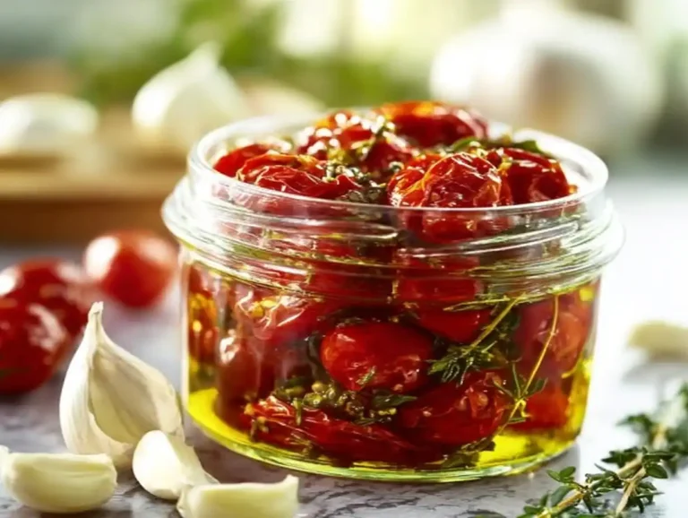 Plate of homemade oven sun-dried tomatoes garnished with herbs