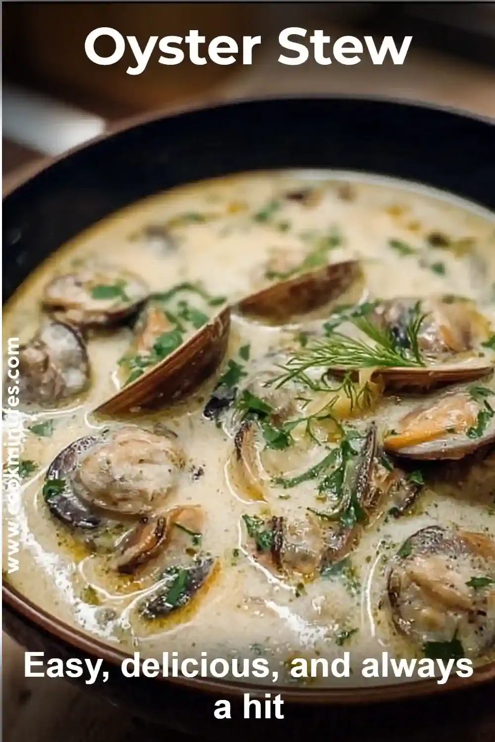 Close-up of a creamy oyster stew garnished with fresh parsley and dill, featuring oysters and clams in a rich, seasoned broth