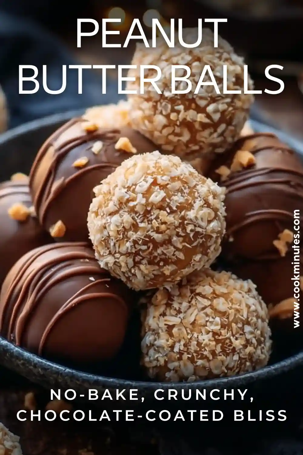 Peanut Butter Balls dipped in chocolate and topped with crushed Rice Krispies on a dark plate