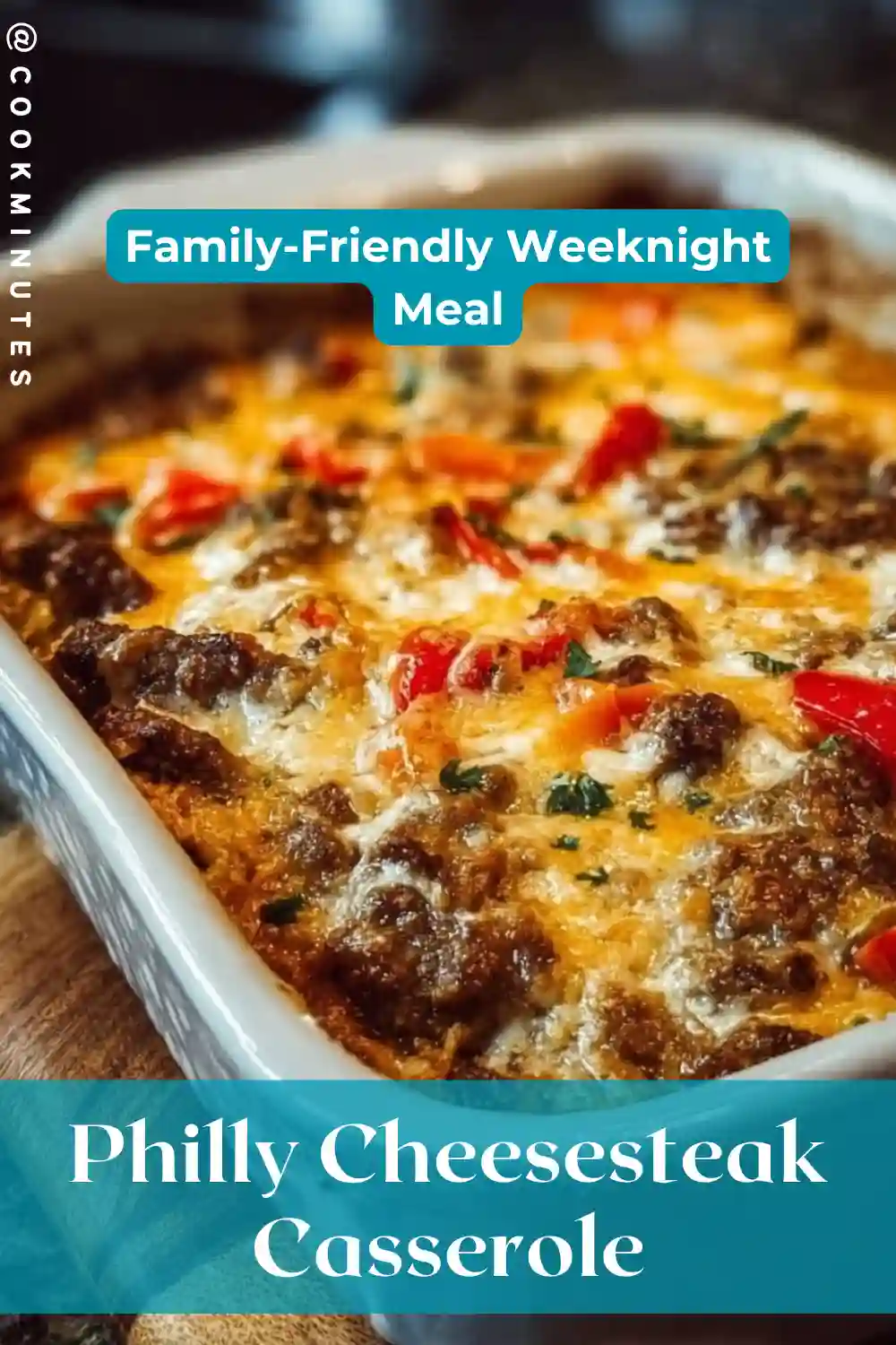 Delicious Low Carb Philly Cheesesteak Casserole with melted cheese and vegetables.