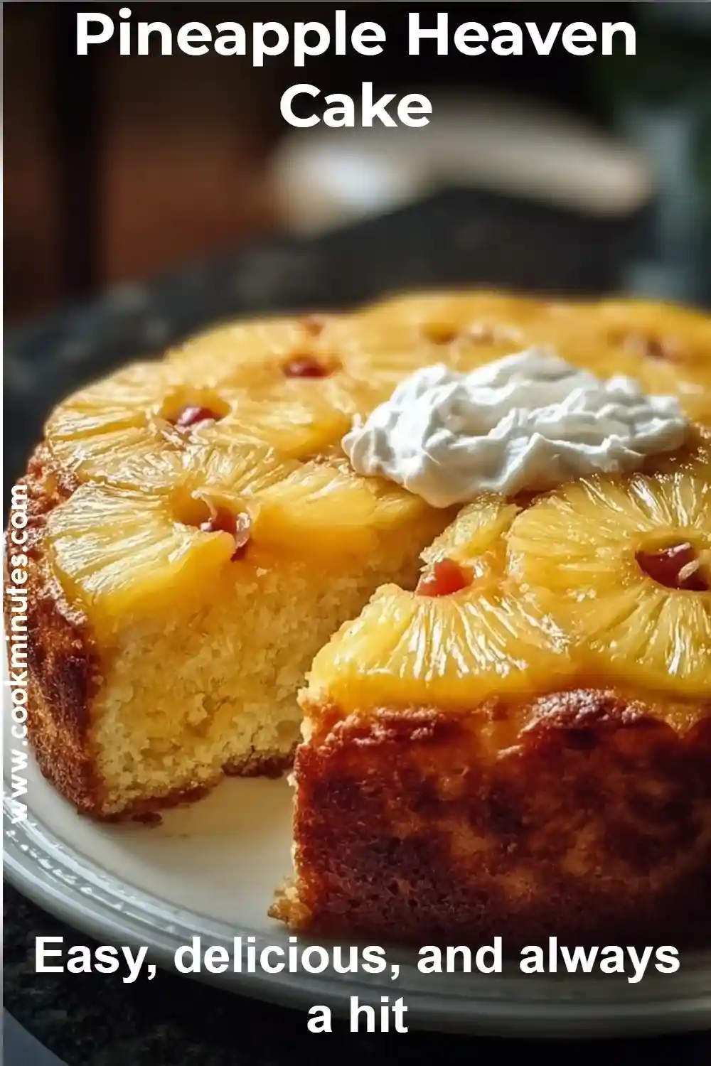 Pineapple Heaven Cake topped with pineapple rings, whipped cream, and cherries on a golden moist cake.
