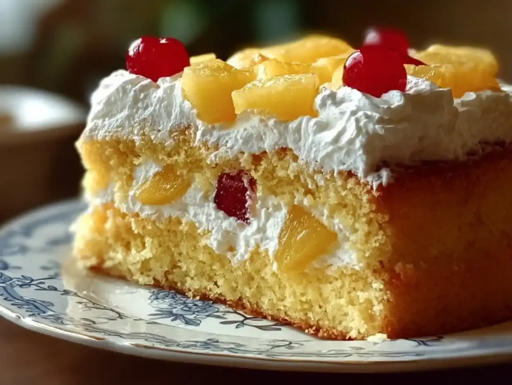 Delicious Pineapple Heaven Cake topped with tropical fruits and creamy frosting