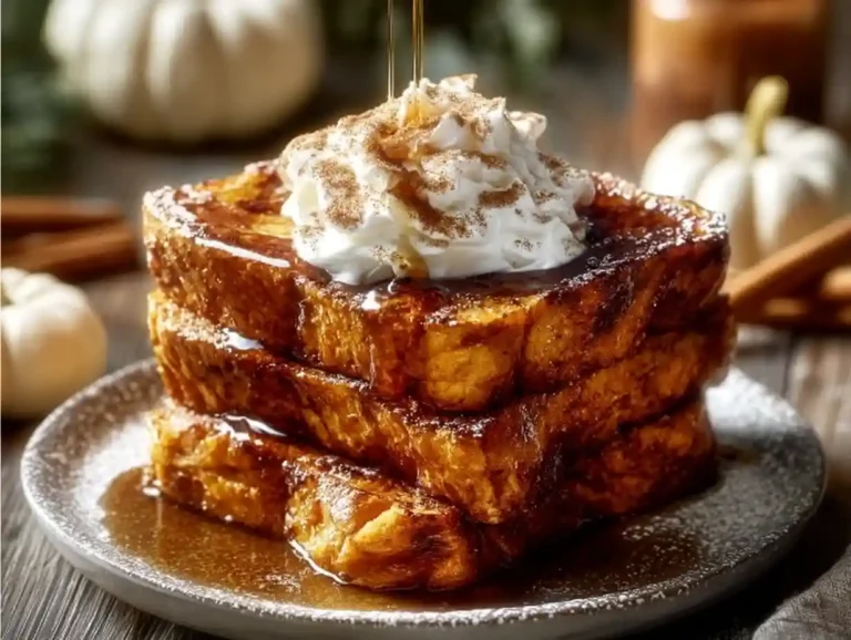 Delicious Pumpkin Pie French Toast topped with whipped cream and pumpkin spice.
