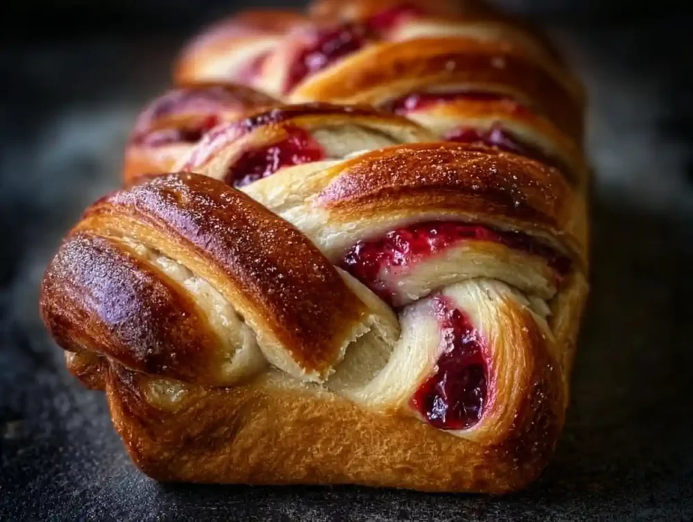 Freshly baked Raspberry Swirl Brioche loaf on a wooden cutting board