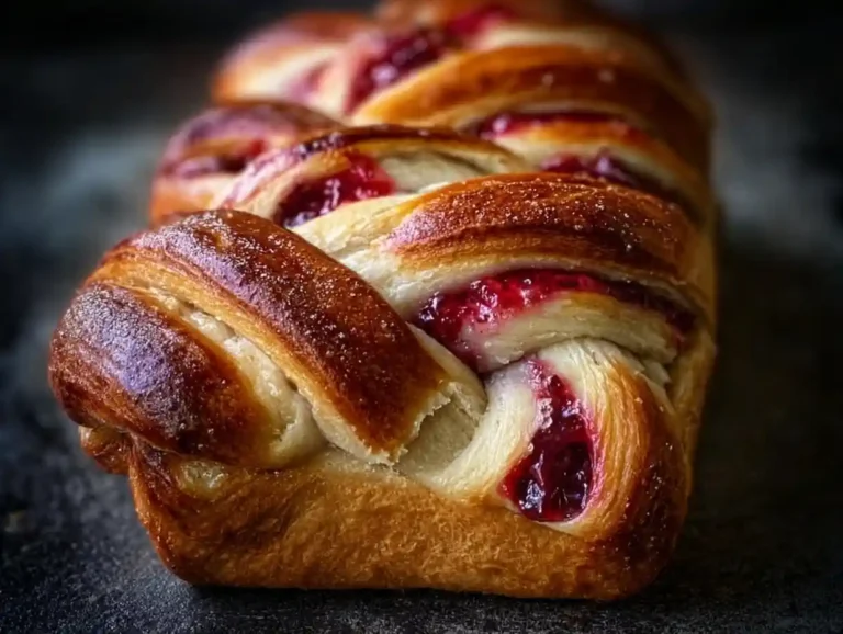 Freshly baked Raspberry Swirl Brioche loaf on a wooden cutting board