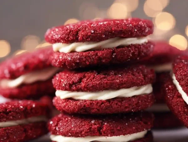 Red Velvet Sandwich Cookies: Your Festive Delight Delicious red velvet sandwich cookies with cream filling on a plate