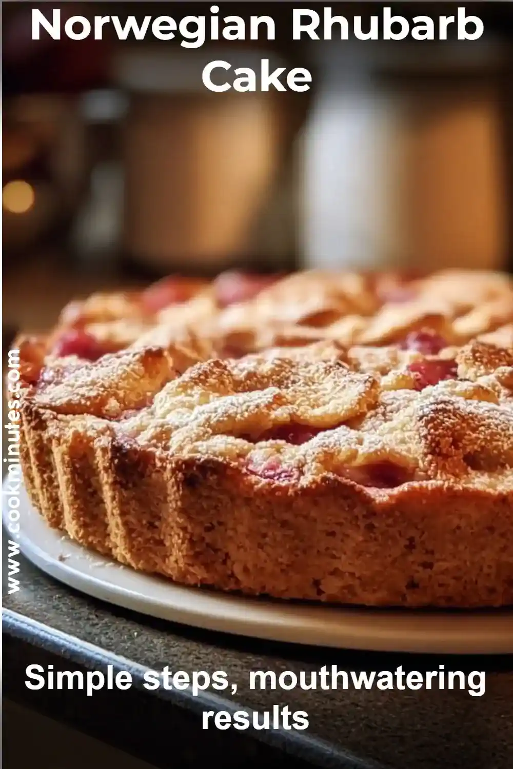 Rhubarb Cake with golden crust, fluffy texture, and visible rhubarb chunks on a countertop.