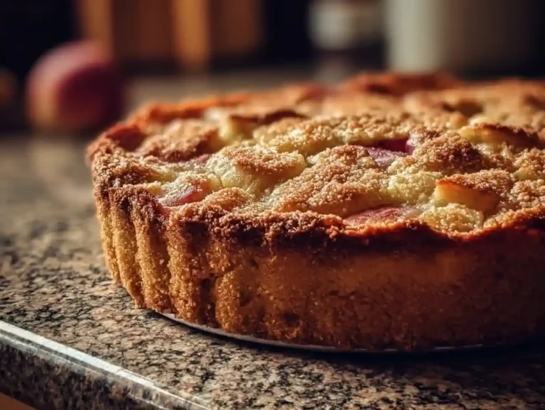 Slice of Norwegian Rhubarb Cake served on a plate with fresh rhubarb