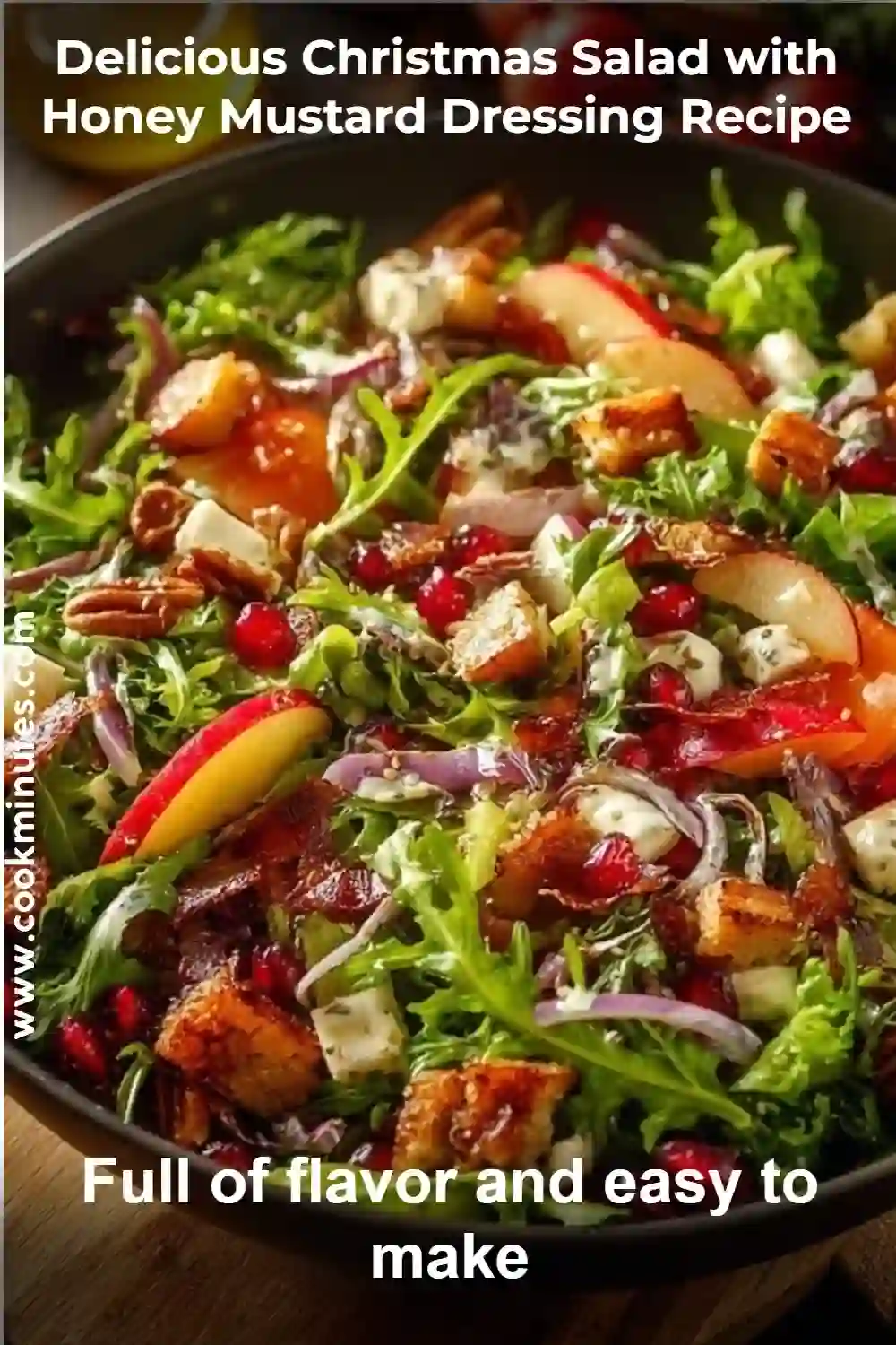 Salad with Honey Mustard featuring arugula, oranges, pomegranate seeds, walnuts, and apple slices.