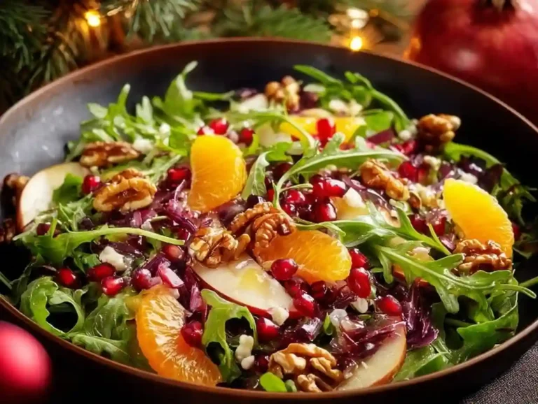 Delicious Christmas salad topped with honey mustard dressing and festive ingredients.