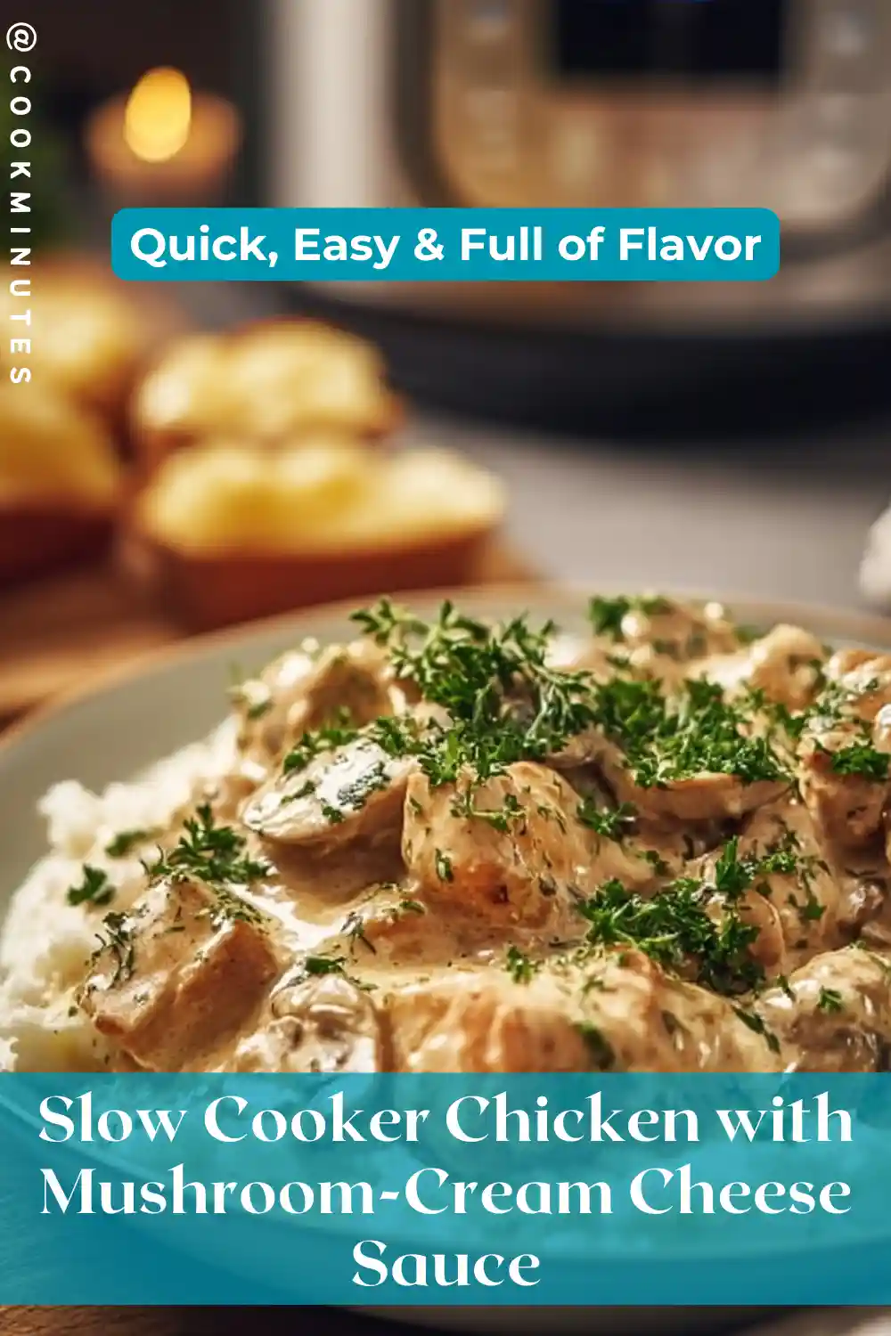 Slow Cooker Chicken with Mushroom topped with creamy sauce and fresh parsley over mashed potatoes.