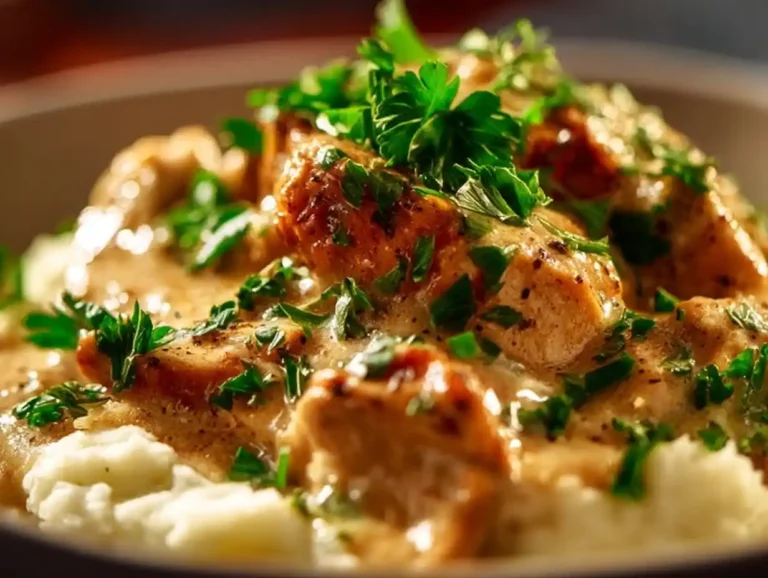 Slow cooker chicken with a rich mushroom-cream cheese sauce in a bowl