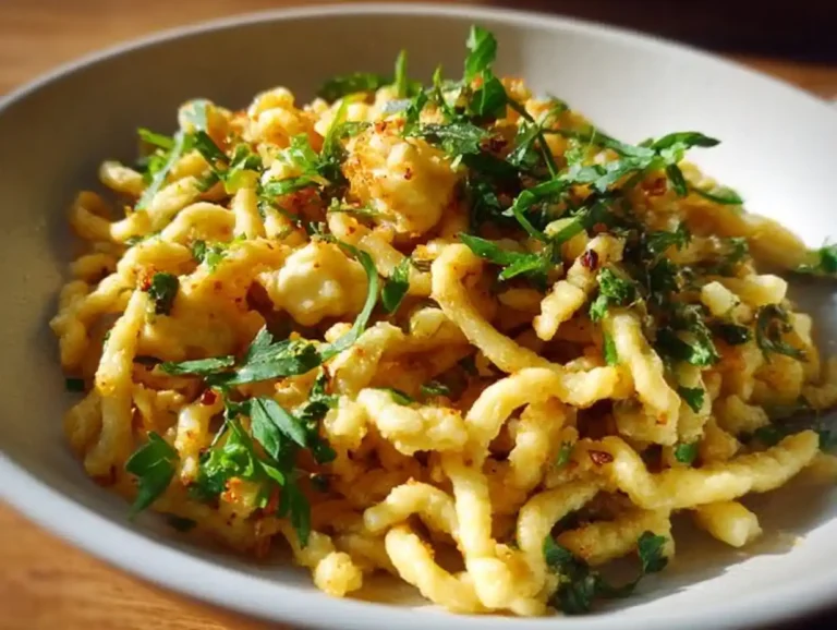 Homemade Spaetzle served with a creamy sauce and fresh herbs