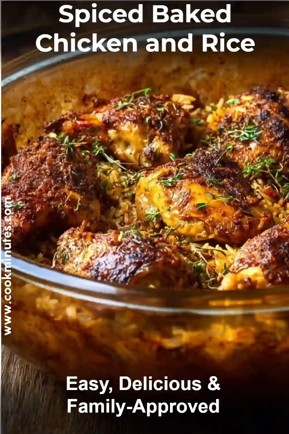 Spiced Baked Chicken and Rice in a rustic dish with golden chicken thighs and fluffy basmati rice.