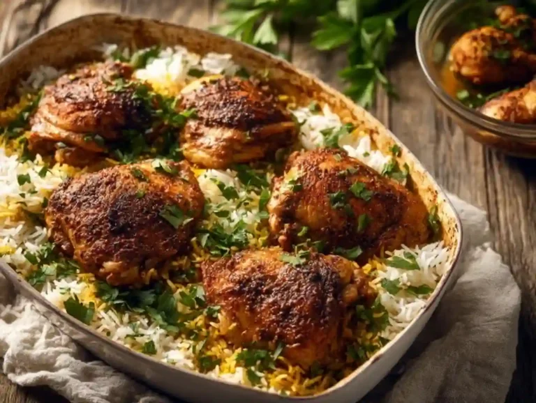 Spiced baked chicken served with flavorful rice on a plate