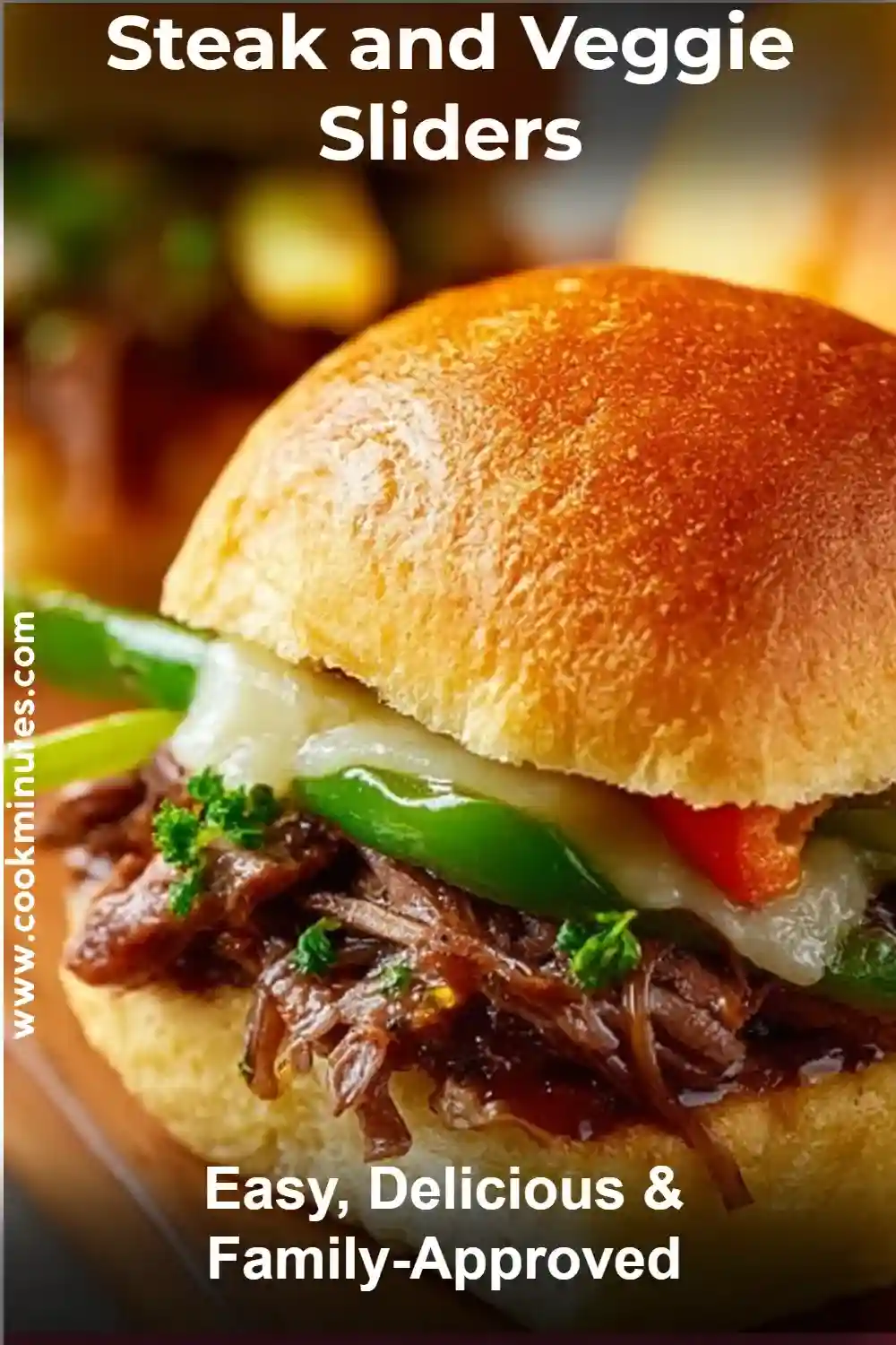 Steak and Veggie Sliders with melted cheese, sautéed peppers, and onions in golden buns.