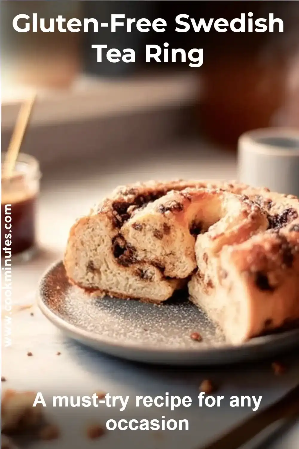 A beautifully baked Gluten-Free Swedish Tea Ring topped with a sweet icing, perfect for a delicious afternoon treat!