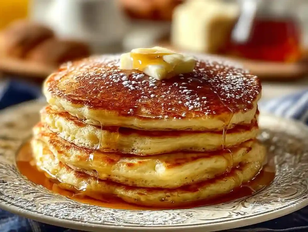 Fluffy vanilla cinnamon buttermilk pancakes stacked on a plate, topped with syrup
