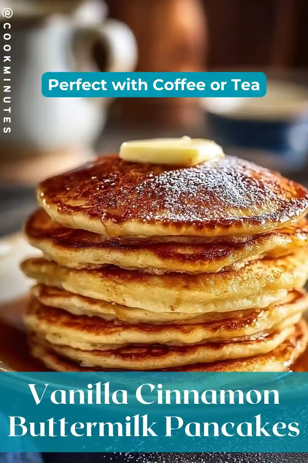 A stack of Vanilla Cinnamon Buttermilk Pancakes served with maple syrup