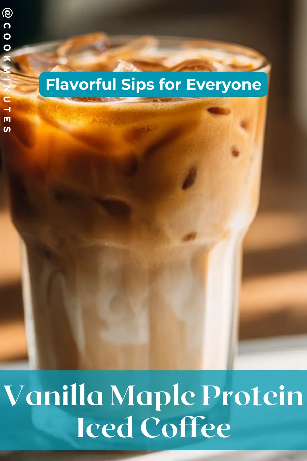 Vanilla Maple Protein Iced Coffee served with ice and topped with a drizzle of maple syrup