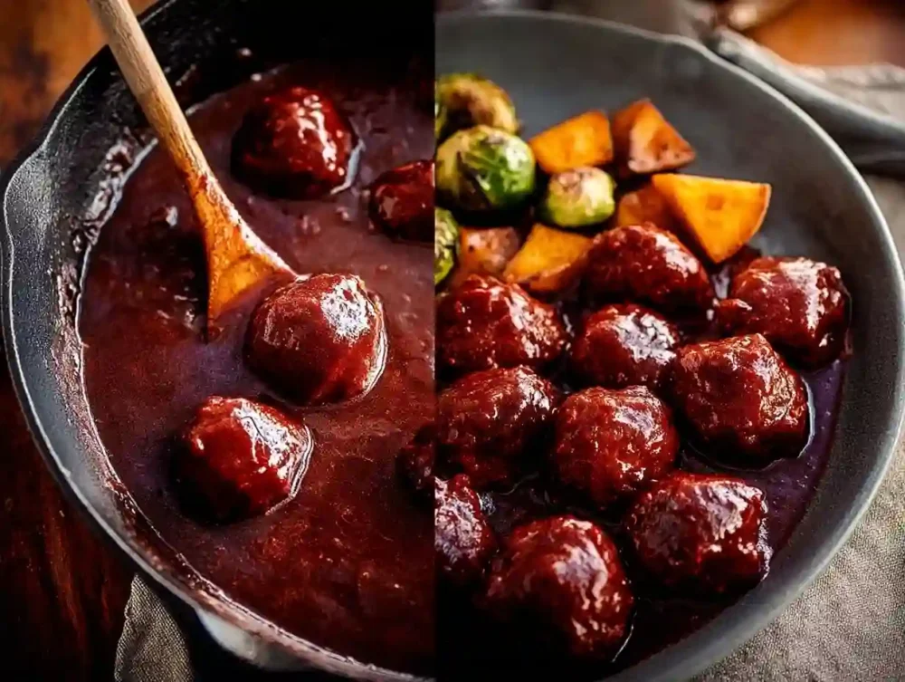Vegan cranberry chili meatballs served on a plate with fresh herbs.