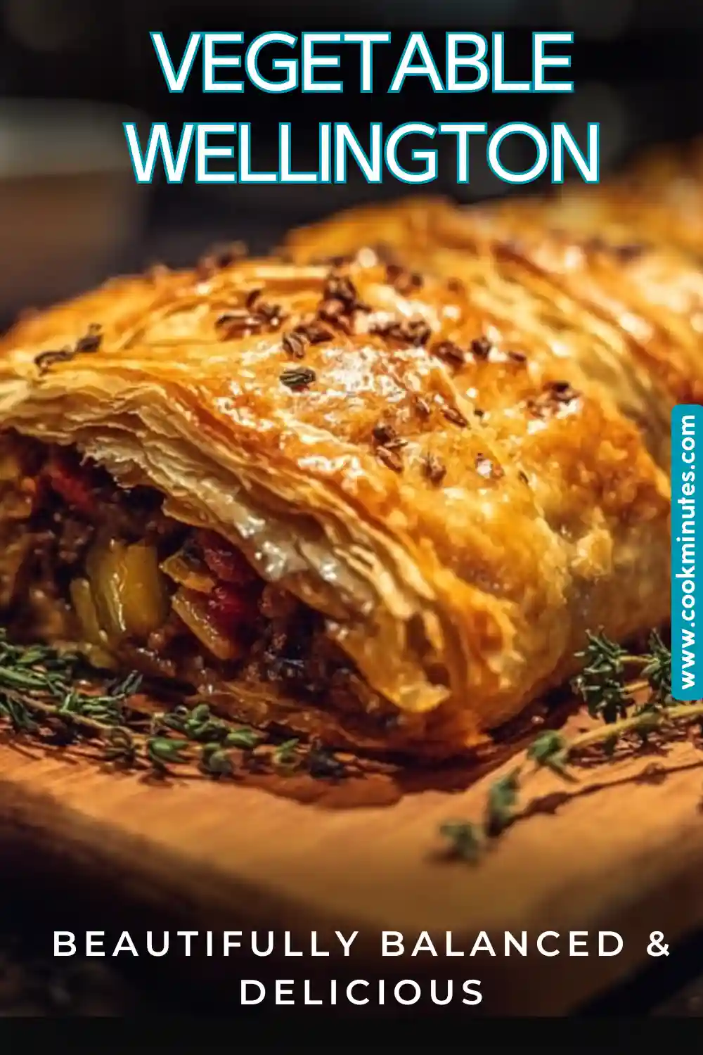 A beautifully garnished Vegetable Wellington showcasing its golden puff pastry and vibrant filling.