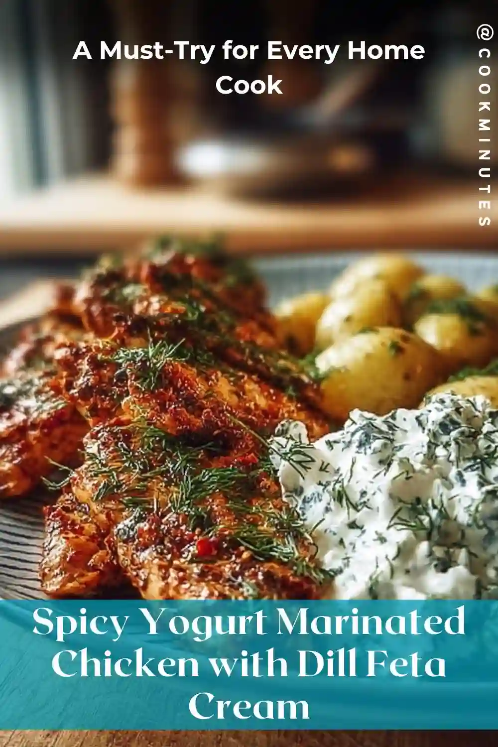 Spicy yogurt marinated chicken with roasted potatoes and creamy dill feta sauce on a plate.
