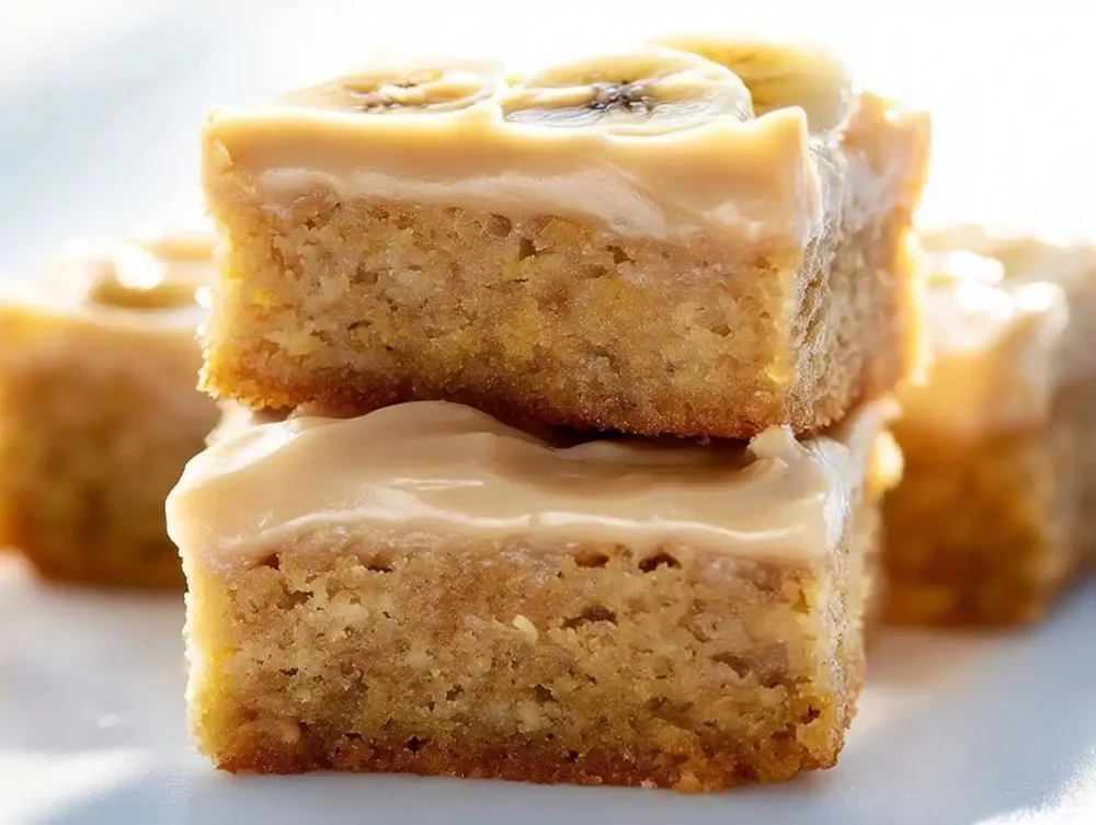 Delicious ooey gooey banana bars topped with frosting and banana slices.