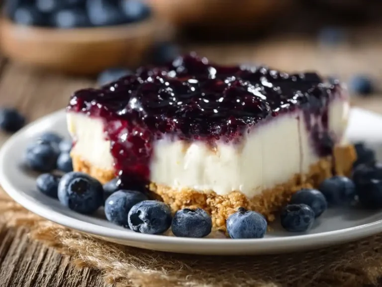 Delicious no bake blueberry cheesecake topped with fresh blueberries