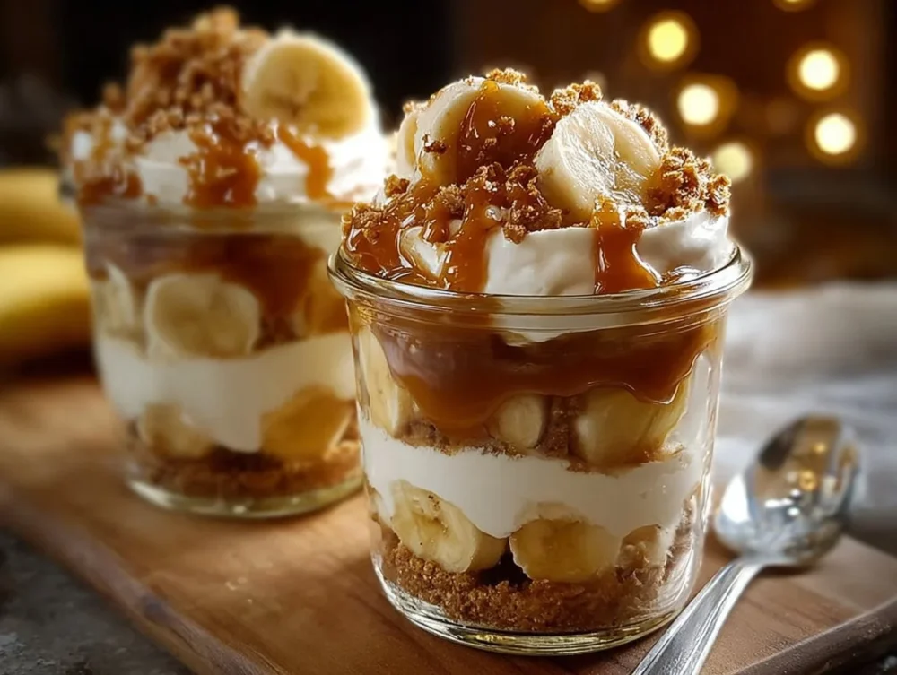 Delicious Caramel Banana Parfait with layers of caramel, banana, and whipped cream